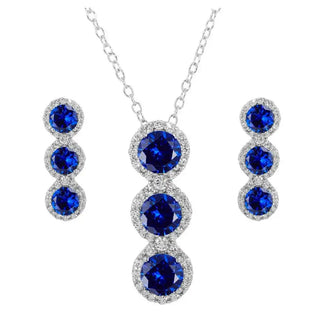 925 Sterling Silver Rhodium Plated 3 Blue Stone CZ Stud Earring and Necklace Set