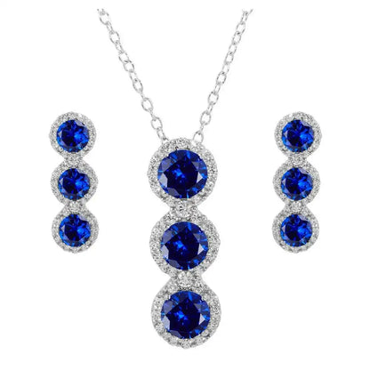 925 Sterling Silver Rhodium Plated 3 Blue Stone CZ Stud Earring and Necklace Set