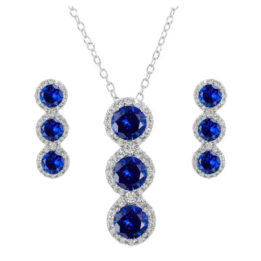 925 Sterling Silver Rhodium Plated 3 Blue Stone CZ Stud Earring and Necklace Set