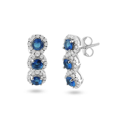 925 Sterling Silver Rhodium Plated 3 Blue Stone CZ Stud Earring and Necklace Set