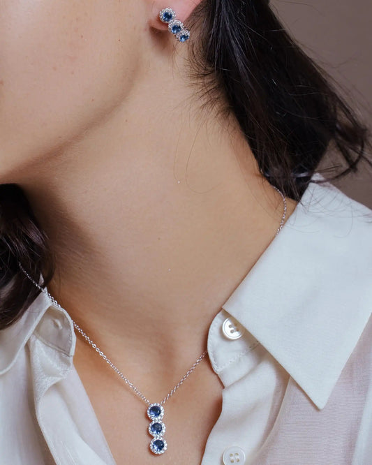925 Sterling Silver Rhodium Plated 3 Blue Stone CZ Stud Earring and Necklace Set