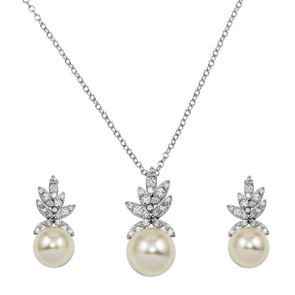 925 Sterling Silver Rhodium Plated CZ Leaves with Synthetic Pearl Set