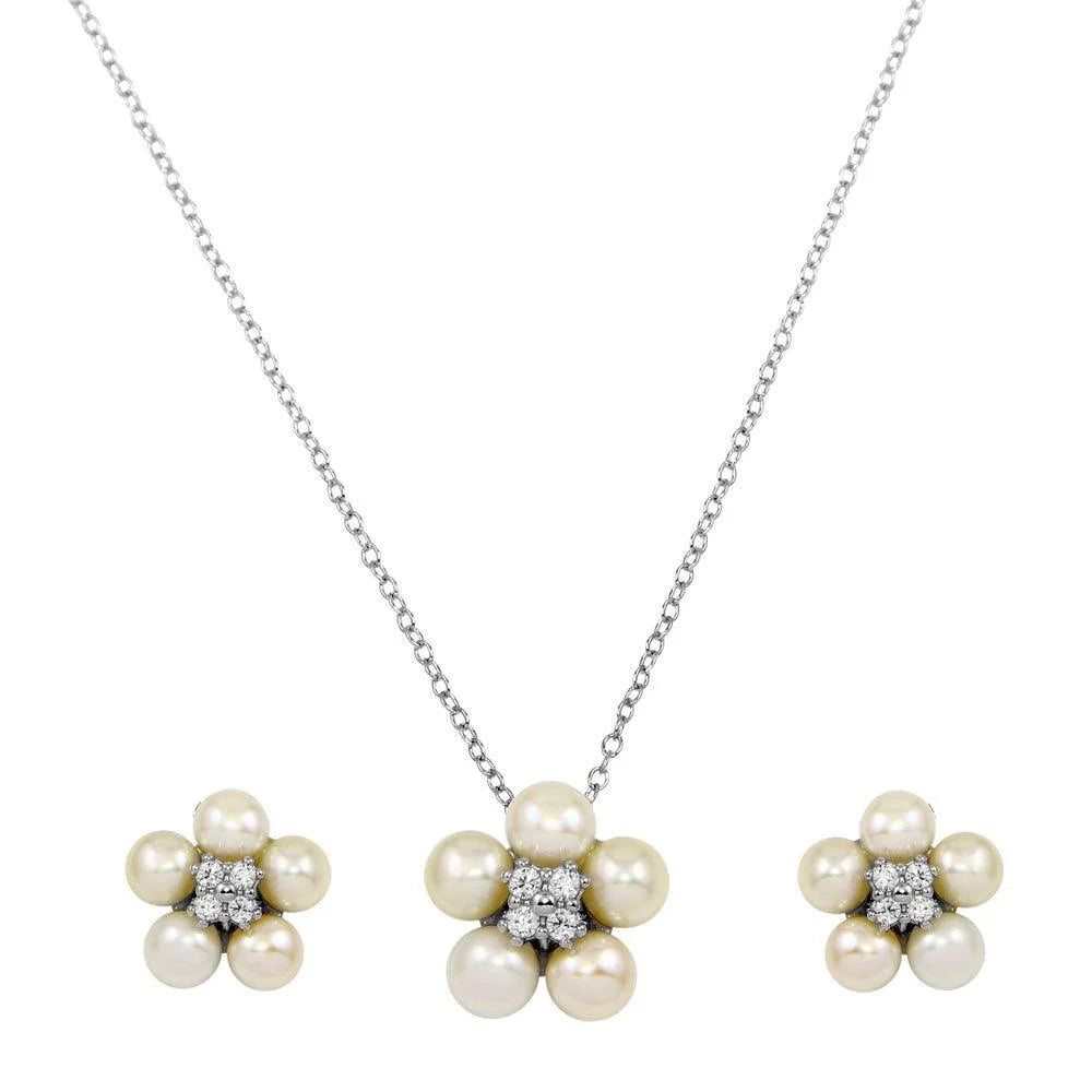 925 Sterling Silver Rhodium Plated CZ Fresh Water Flower Pearl Set