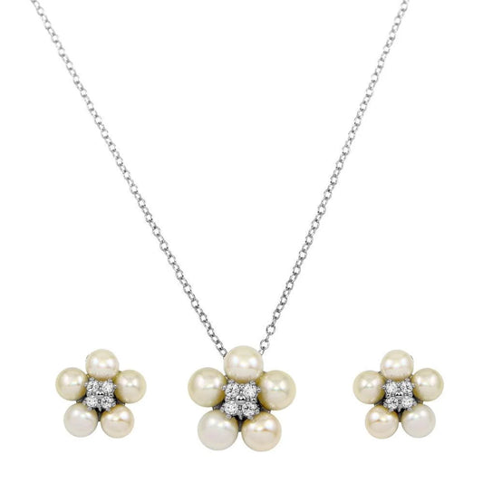 925 Sterling Silver Rhodium Plated CZ Fresh Water Flower Pearl Set