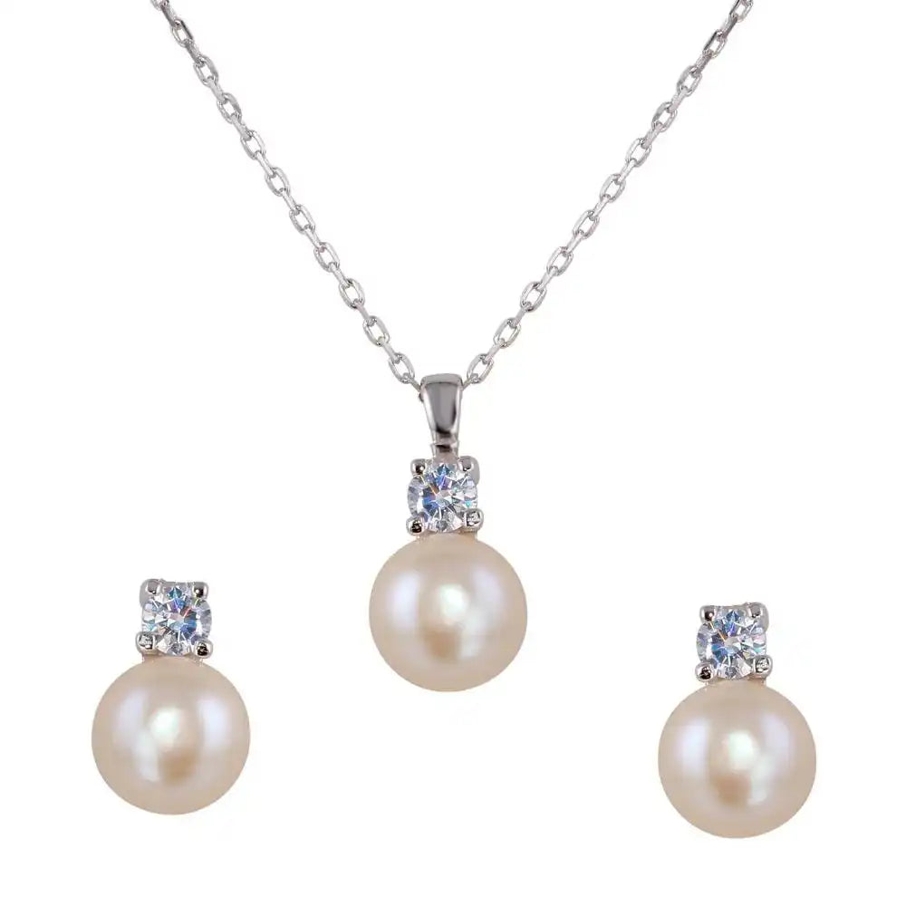 925 Sterling Silver Rhodium Plated Synthetic Pearl Earring and Necklace Set with CZ