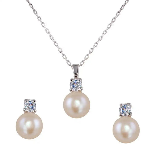 925 Sterling Silver Rhodium Plated Synthetic Pearl Earring and Necklace Set with CZ