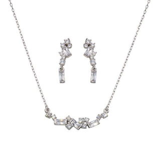 925 Sterling Silver Rhodium Plated CZ and Baguette Stone Necklace and Earrings Set