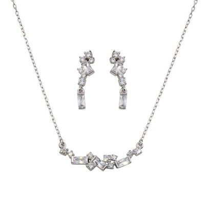 925 Sterling Silver Rhodium Plated CZ and Baguette Stone Necklace and Earrings Set