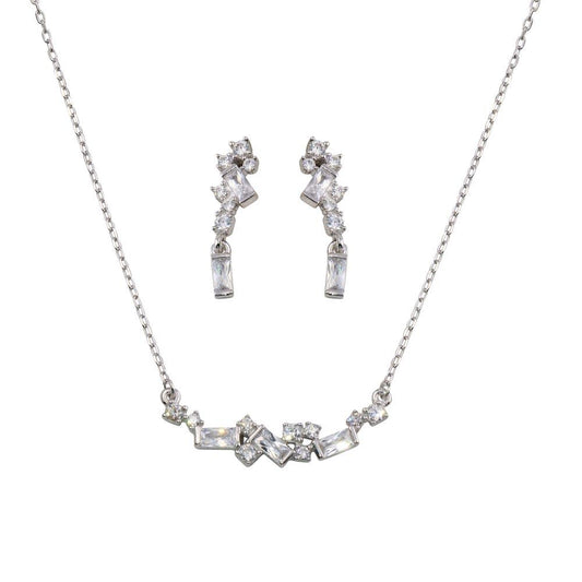 925 Sterling Silver Rhodium Plated CZ and Baguette Stone Necklace and Earrings Set