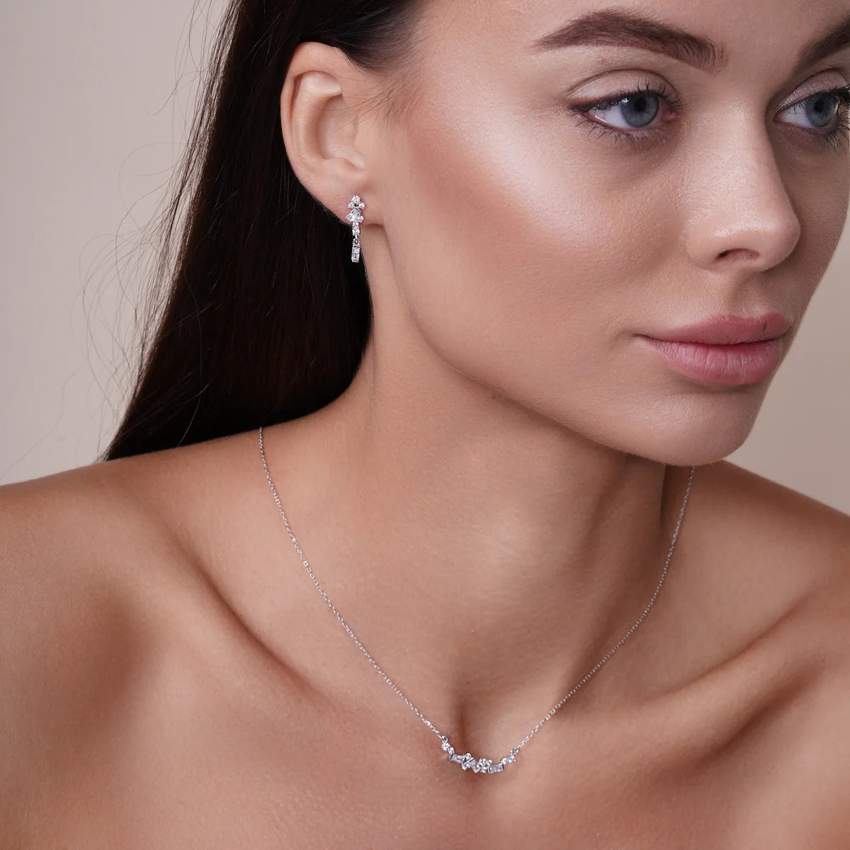925 Sterling Silver Rhodium Plated CZ and Baguette Stone Necklace and Earrings Set