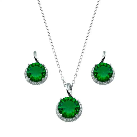 925 Sterling Silver Rhodium Plated Green CZ Earring and Necklace Set