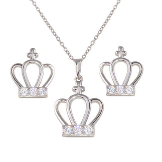 925 Sterling Silver Rhodium Plated Crown Earrings and Necklace Set with CZ