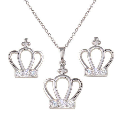 925 Sterling Silver Rhodium Plated Crown Earrings and Necklace Set with CZ