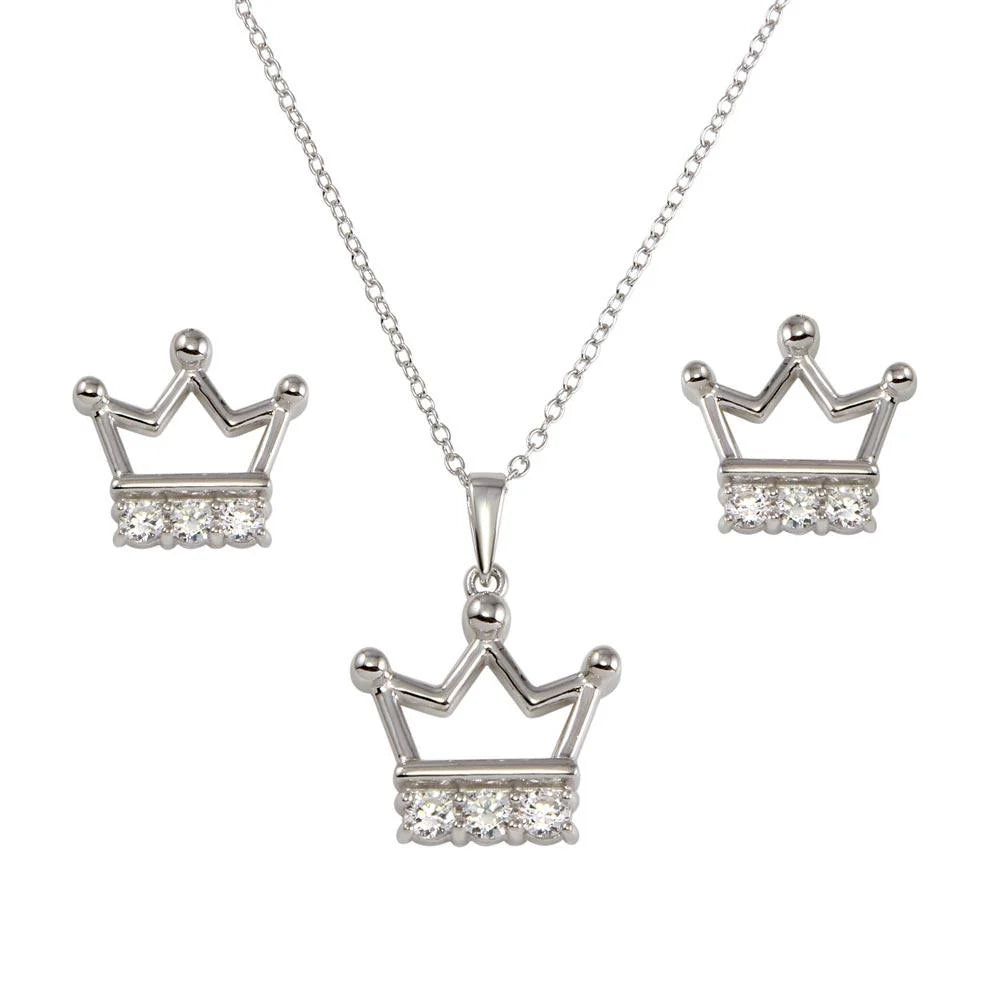 925 Sterling Silver Rhodium Plated Crown Necklace and Earrings Set with CZ