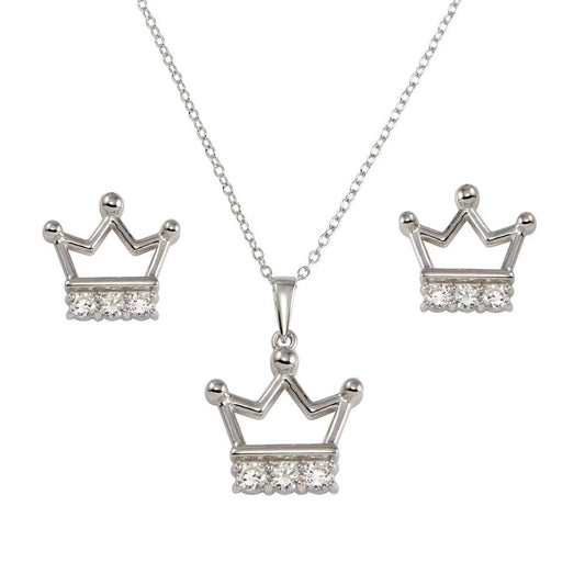 925 Sterling Silver Rhodium Plated Crown Necklace and Earrings Set with CZ