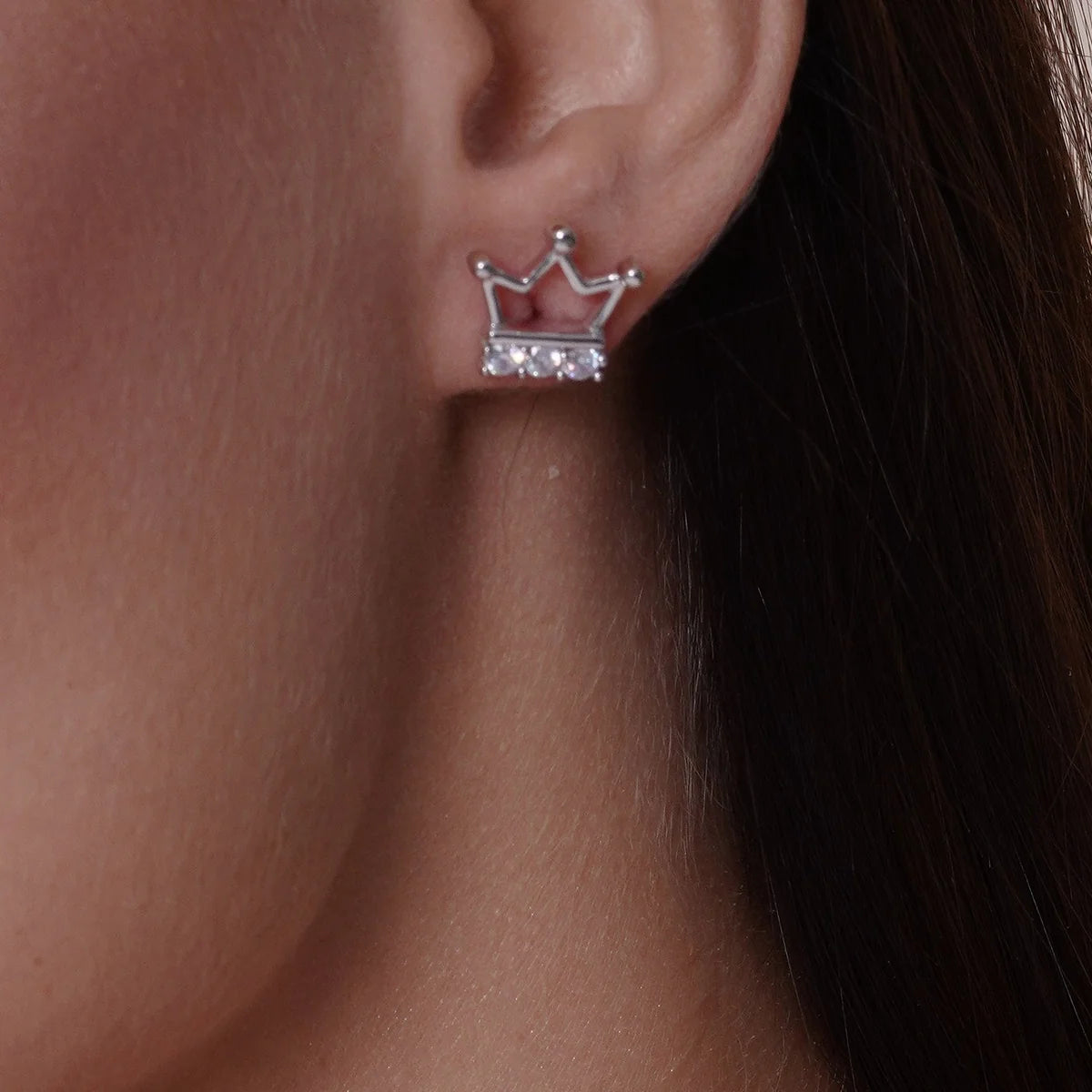 925 Sterling Silver Rhodium Plated Crown Necklace and Earrings Set with CZ
