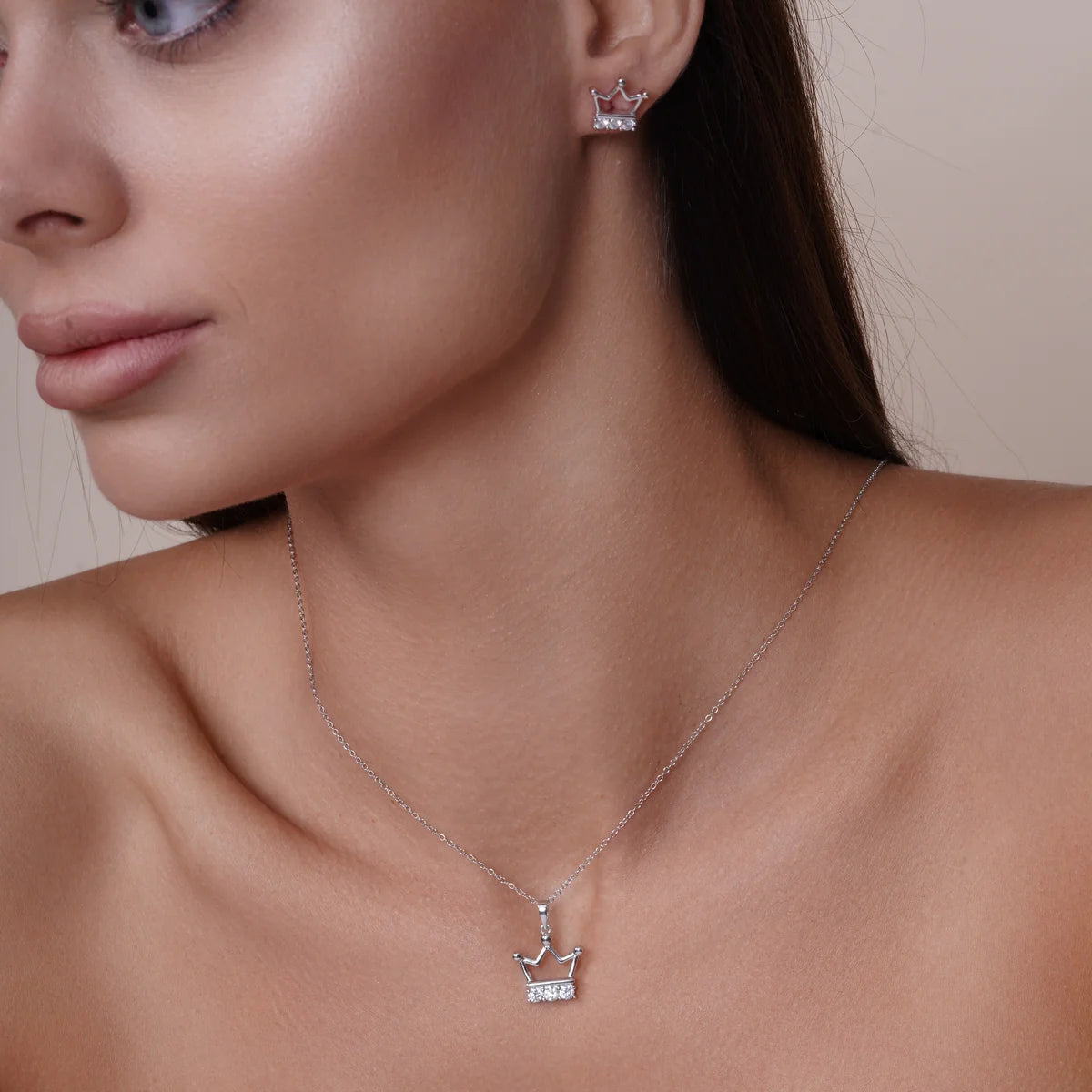 925 Sterling Silver Rhodium Plated Crown Necklace and Earrings Set with CZ