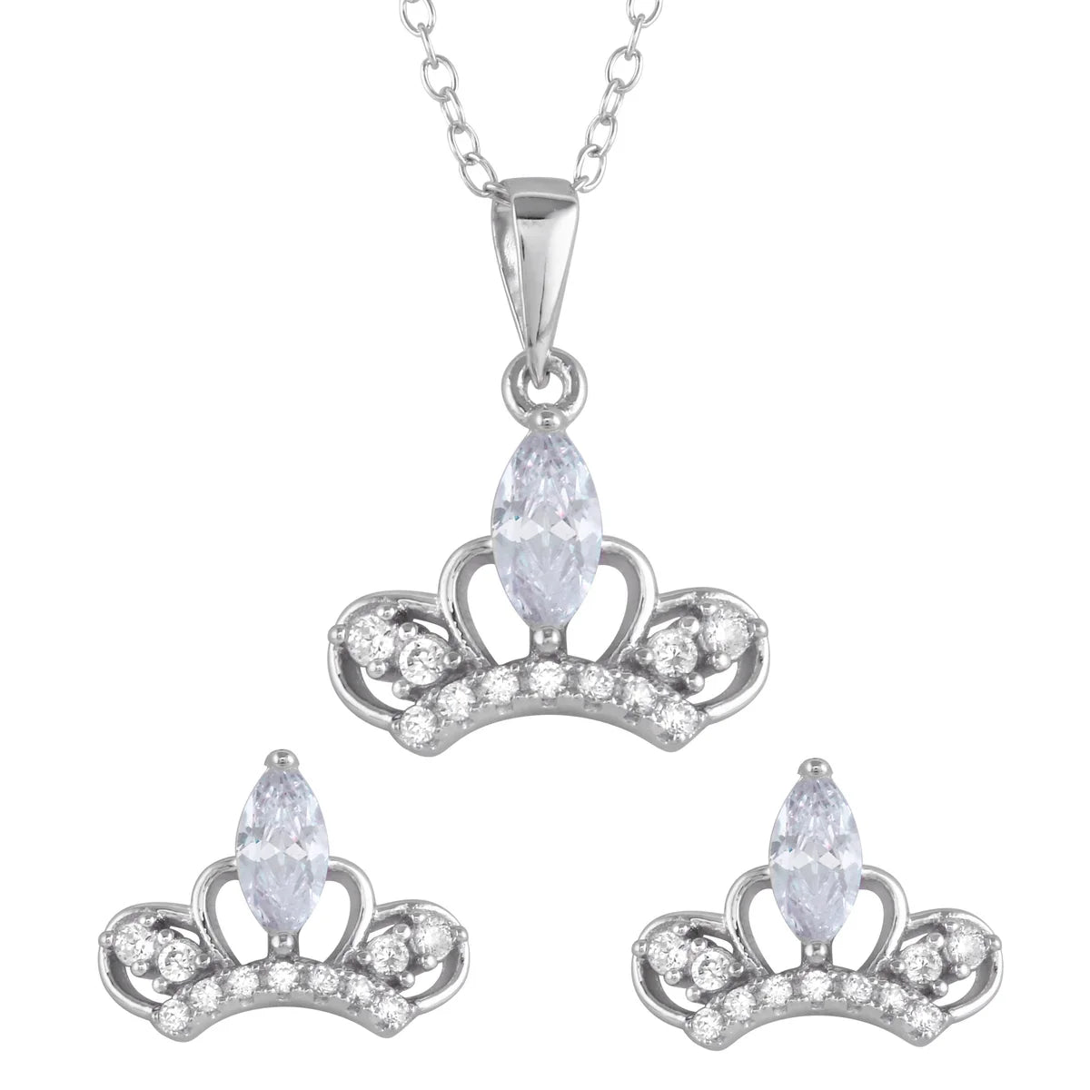 925 Sterling Silver Rhodium Plated Clear CZ Crown Earrings and Necklace Set