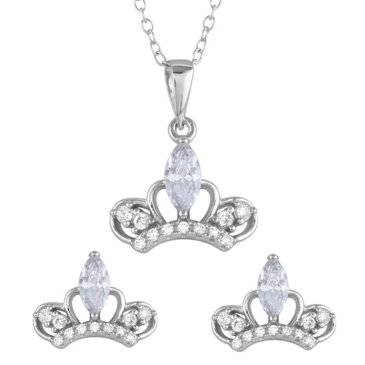 925 Sterling Silver Rhodium Plated Clear CZ Crown Earrings and Necklace Set