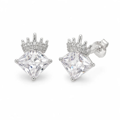 925 Sterling Silver Rhodium Plated Crowned CZ Stone Pendant Necklace and Earrings Set