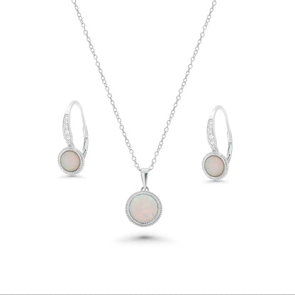 925 Sterling Silver Rhodium Plated Synthetic Opal Set with CZ