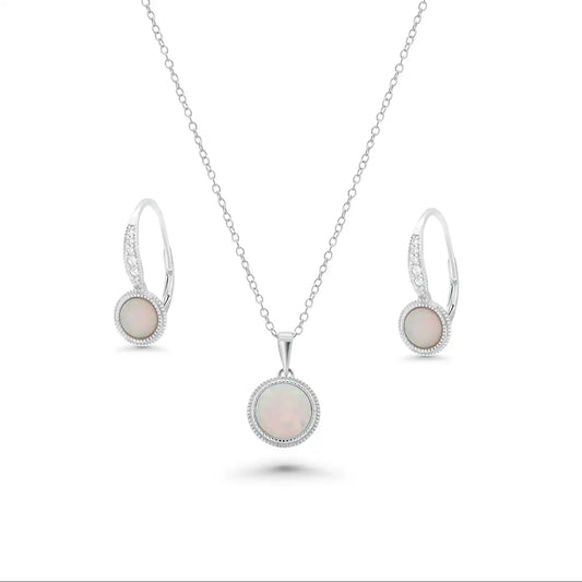 925 Sterling Silver Rhodium Plated Synthetic Opal Set with CZ
