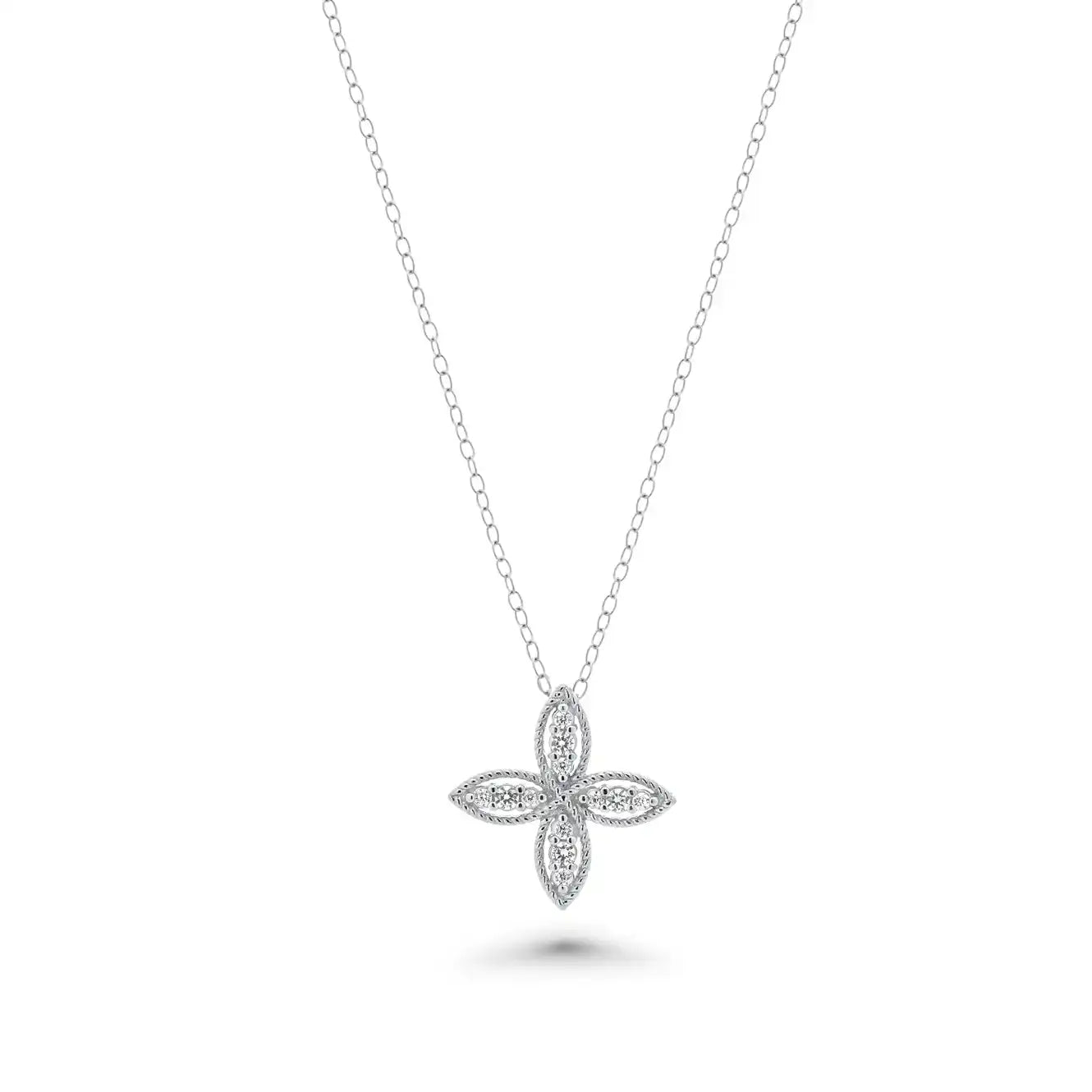 925 Sterling Silver Rhodium Plated Four Petal Flower Necklace and Earrings Set