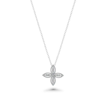 925 Sterling Silver Rhodium Plated Four Petal Flower Necklace and Earrings Set