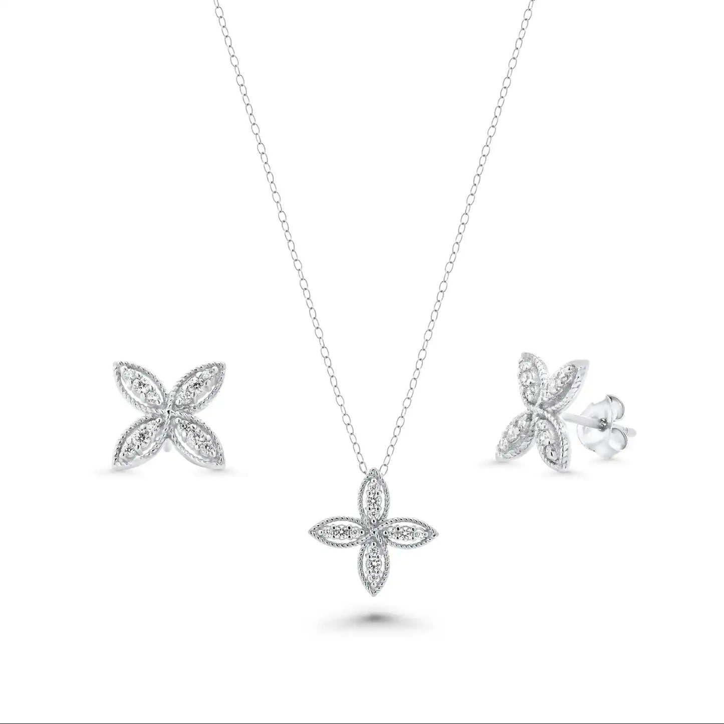 925 Sterling Silver Rhodium Plated Four Petal Flower Necklace and Earrings Set