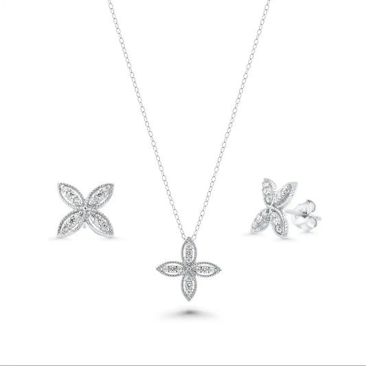 925 Sterling Silver Rhodium Plated Four Petal Flower Necklace and Earrings Set