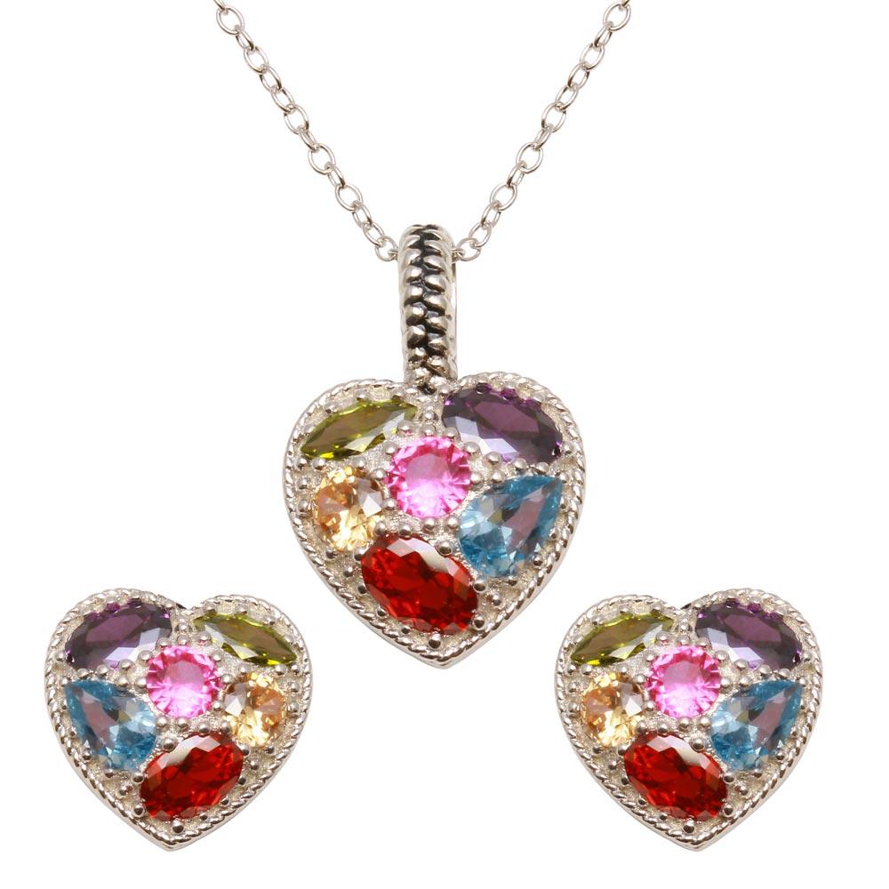 925 Sterling Silver Rhodium Plated Multi-colored CZ Heart Pendant Necklace and Earrings Set
