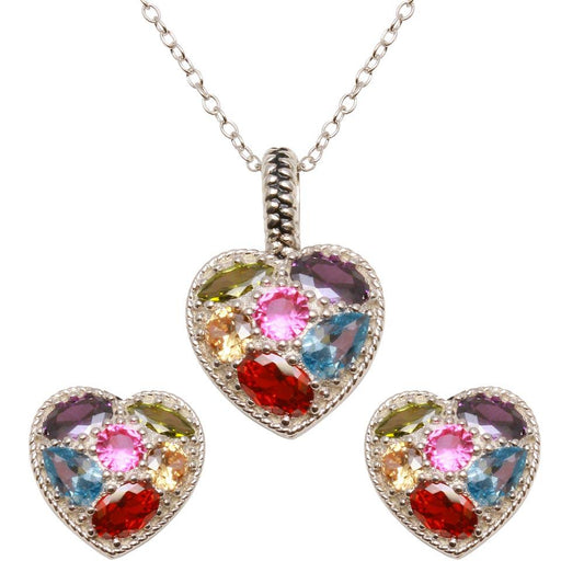 925 Sterling Silver Rhodium Plated Multi-colored CZ Heart Pendant Necklace and Earrings Set