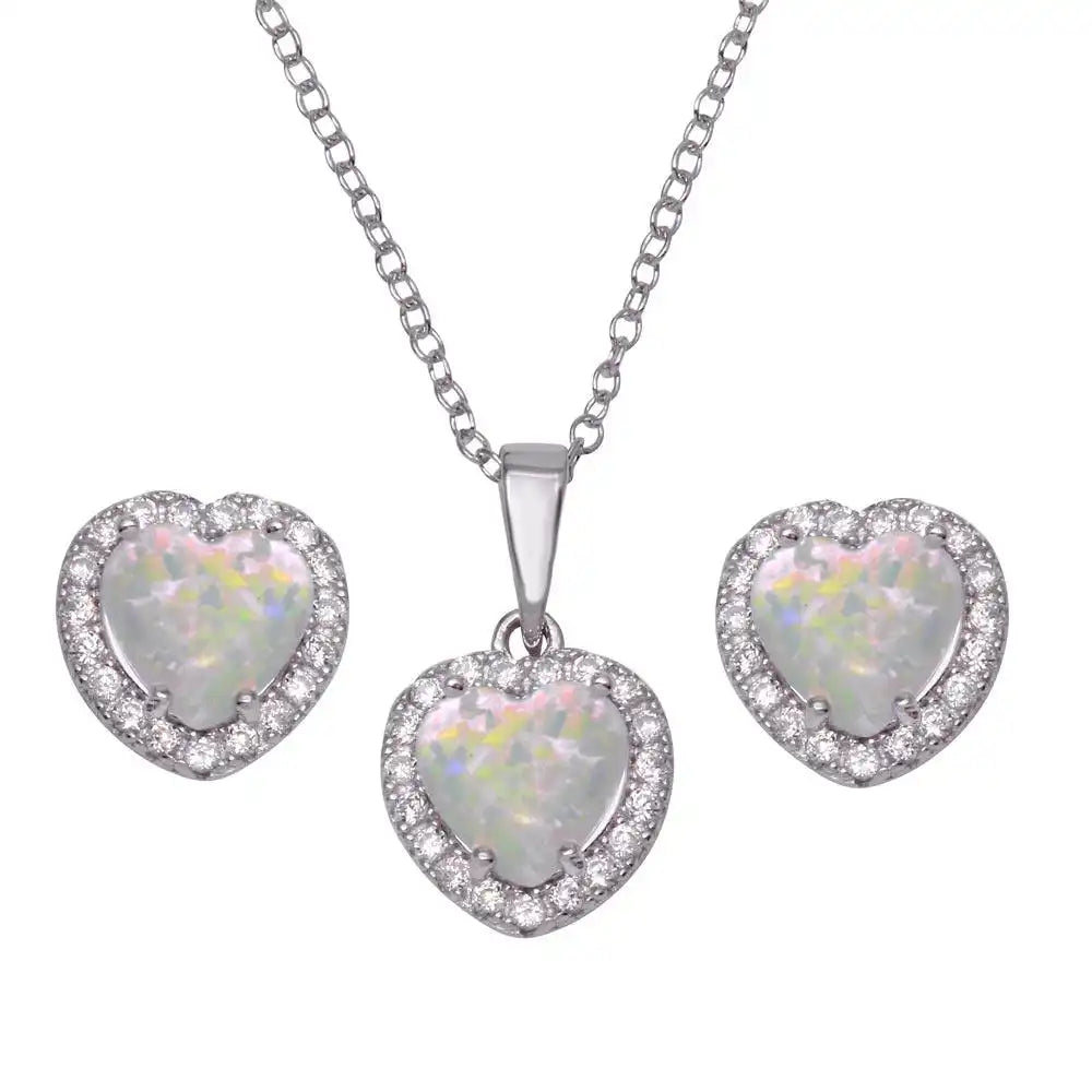 925 Sterling Silver Rhodium Plated Halo Heart Set with Synthetic Opal and CZ
