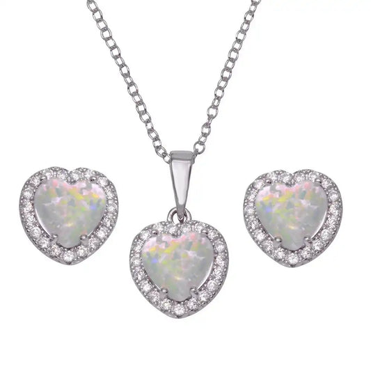 925 Sterling Silver Rhodium Plated Halo Heart Set with Synthetic Opal and CZ