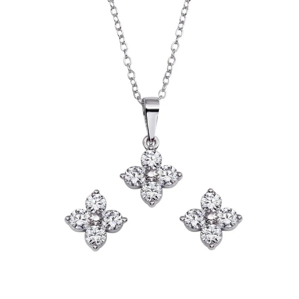925 Sterling Silver Rhodium Plated CZ Flower Pendant Necklace and Stud Earrings Set