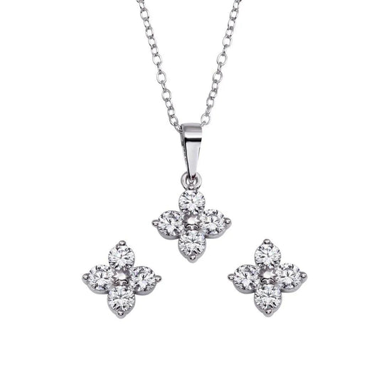 925 Sterling Silver Rhodium Plated CZ Flower Pendant Necklace and Stud Earrings Set