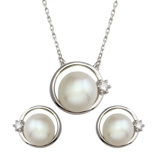 925 Sterling Silver Rhodium Plated Round Synthetic Pearl with CZ Set