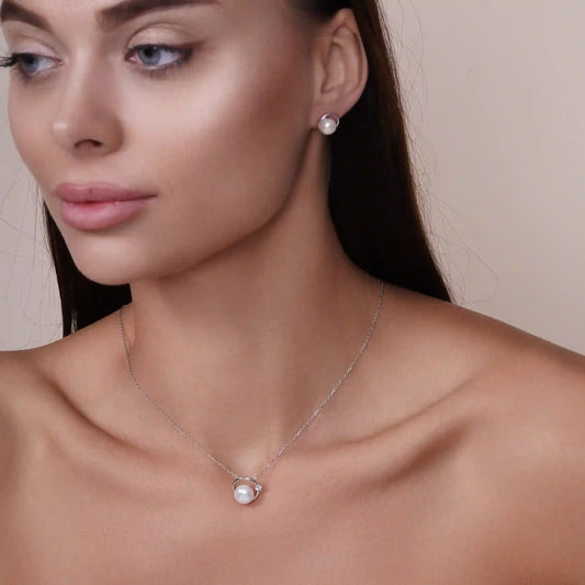 925 Sterling Silver Rhodium Plated Round Synthetic Pearl with CZ Set