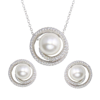 925 Sterling Silver Rhodium Plated Spiral CZ With Synthetic Center Pearl Set