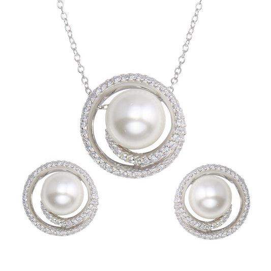 925 Sterling Silver Rhodium Plated Spiral CZ With Synthetic Center Pearl Set