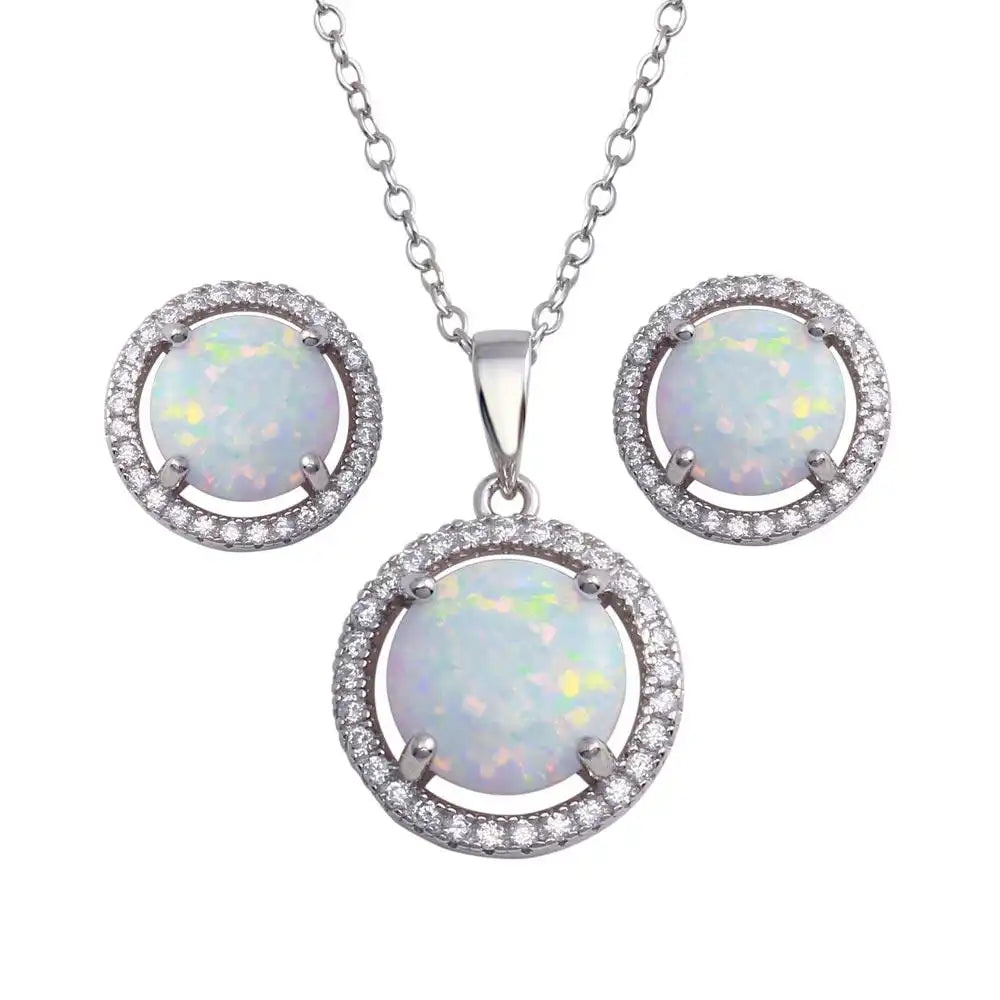 925 Sterling Silver Rhodium Plated Synthetic Opal Halo Set with CZ