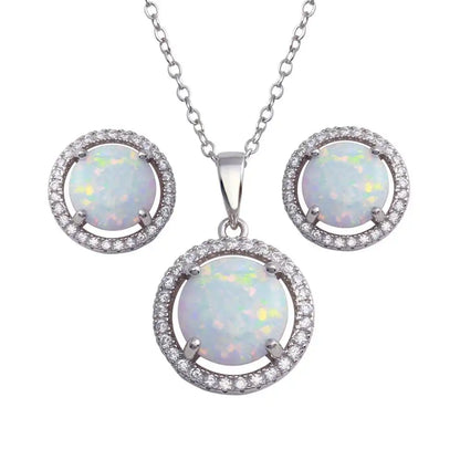 925 Sterling Silver Rhodium Plated Synthetic Opal Halo Set with CZ