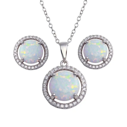 925 Sterling Silver Rhodium Plated Synthetic Opal Halo Set with CZ