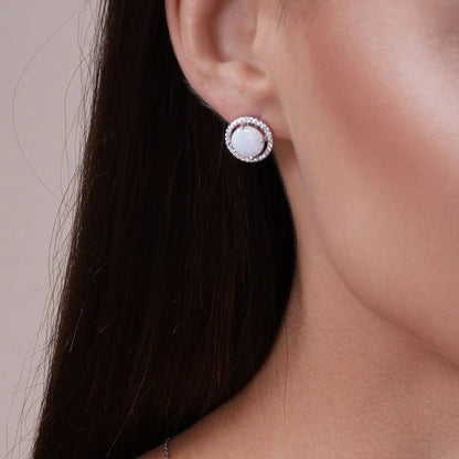 925 Sterling Silver Rhodium Plated Synthetic Opal Halo Set with CZ