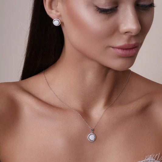 925 Sterling Silver Rhodium Plated Synthetic Opal Halo Set with CZ