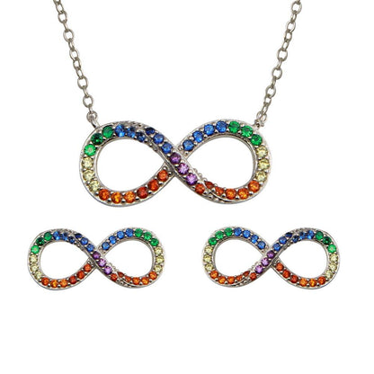 925 Sterling Silver Rhodium Plated Infinity Pendant Necklace and Stud Earrings Set with Rainbow CZ