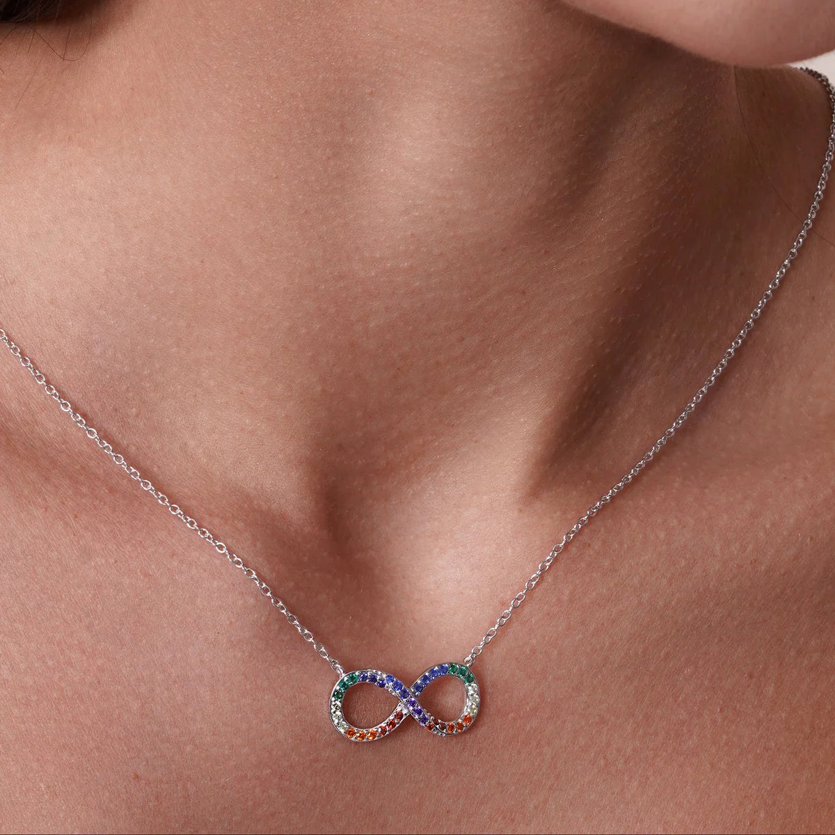 925 Sterling Silver Rhodium Plated Infinity Pendant Necklace and Stud Earrings Set with Rainbow CZ