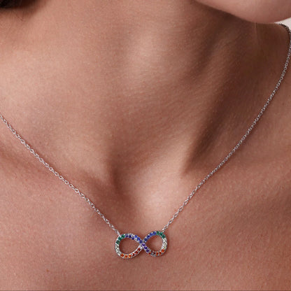 925 Sterling Silver Rhodium Plated Infinity Pendant Necklace and Stud Earrings Set with Rainbow CZ
