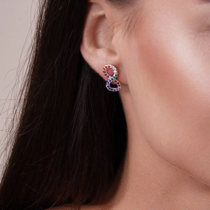 925 Sterling Silver Rhodium Plated Infinity Pendant Necklace and Stud Earrings Set with Rainbow CZ