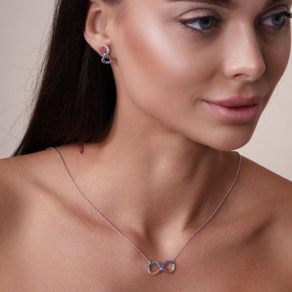 925 Sterling Silver Rhodium Plated Infinity Pendant Necklace and Stud Earrings Set with Rainbow CZ